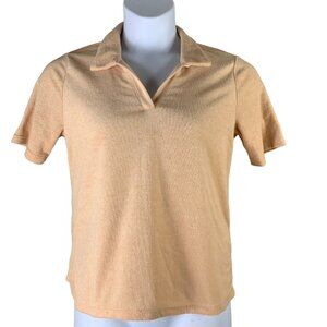 Velvet Orchid Sz Medium Polo Top Light Brown Velour Short Sleeve Collared V Neck